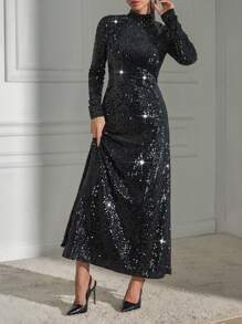 EURMUSE Women Black Sequin Long Sleeve Casual Daily Woman Dress, For New Year - Black - View 7