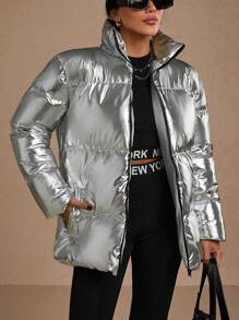 RueChic Silver, Shinny, Keep Warming Feature, Zip Up Puffer Winter Coat - Silver - View 7
