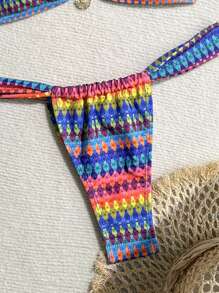 SHEIN Swim Ensemble de brassière bandeau et bikini en tricot rayé avec faux perles pour femmes, parfait pour l'été
