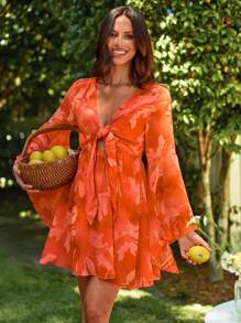 KARISMINA Women's Elegant Summer Beach Women Outfits Holiday Flower Print Bell Sleeve Tie Waist  Dress,Vacation Outfits For Women - Orange - View 5