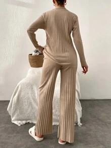 RueChic Shirt Style Buttoned Striped Dark Blue 2-Piece Pajama Set - Camel - View 2