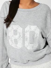 SHEIN SXY 秋冬保暖内衬休闲百搭灰色蕾丝图案运动衫 - 灰色 - 查看 6