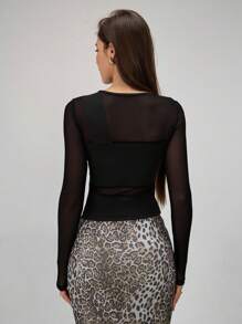RiviMae Camiseta de manga larga de mujer con cuello redondo, de unicolor, de corte ajustado con panel de malla - Negro - Ver 2