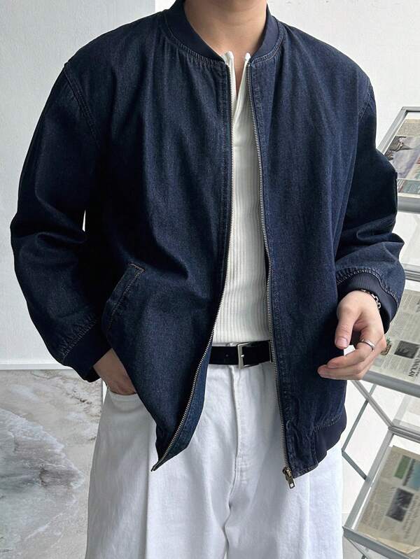 DAZY Veste en jean bleu unie pour hommes, automne