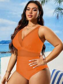 SHEIN Swim Curve Plus Size Solid Color Sleeveless V-Neck Contrast Mesh Casual Vacation One-Piece Swimsuit Summer