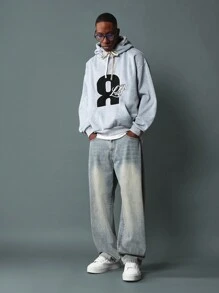 SUMWON Premium Streetwear Pullover Hoodie Oversized Number 8 Design Graphic Logo Casual Athletic Sport Urban Winter Fall Essential Loungewear - Grey - View 3