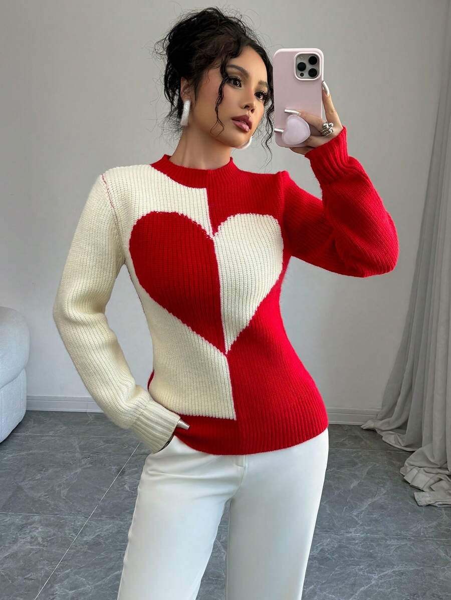 Selianne Women's Valentine's Day Colorblock Heart Pattern Sweater Knit Pullover Fall Winter - Red - View 1