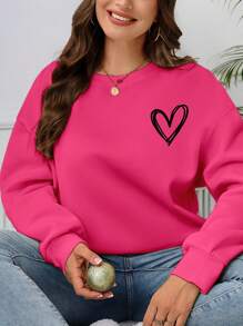 SHEIN LUNE Sudadera de talla grande para mujer con estampado de corazón, cuello redondo y manga larga