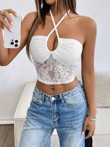 Chiquease Nueva camiseta de tirantes ajustada y corta con parches de encaje calados para mujer, para primavera/verano