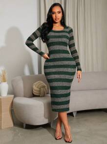SHEIN SXY Abito a righe di media lunghezza in morbida ciniglia casual per donne, autunno e inverno - Multicolore - Visualizzare 6