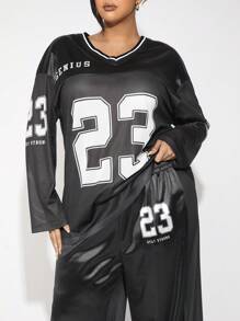SHEIN SXY Conjunto de 2 peças de agasalho plus size com bloco de cores, estampa numérica e painel de malha, blusa de manga comprida e calça, adequado para outono/inverno - Preto - Ver 5