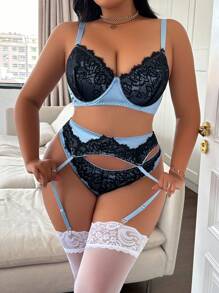 Lencería sexy de encaje con contraste para mujer de talla grande