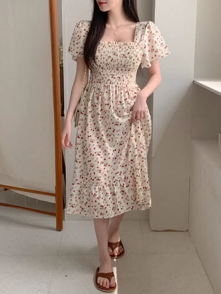 Women's Floral Square Neck Ruffle Trim Mid-Calf Length Dress,Milkmaid Dress Sundress Vacation Outfits Women Easter Boho