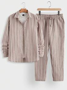 Manfinity VCAY 2pcs/Set Men Stripe Collared Long Sleeve Shirt Outfit, Suitable For Autumn - Multicolor - View 1