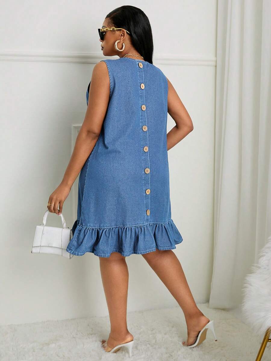 SHEIN SXY Váy denim rách thường ngày cỡ lớn có viền xếp nếp, không tay - Rửa nhẹ - Xem 1