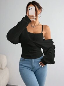 SHEIN EZwear 女士休闲纯色针织长袖常规修身衬衫 - 黑色 - 查看 2