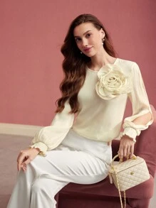 MOTF PREMIUM STEREO FLORAL KEYHOLE BACK BLOUSE,VALENTINE'S DAY,SPRING/SUMMER