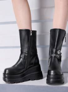 Sugerpunk Women's Fashionable Platform Biker Ankle Boots With English Style, Thick Sole New Year Holiday