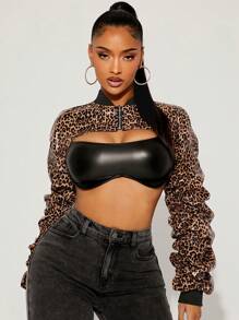 SHEIN x Carly Lawrence SHEIN SXY Spring & Summer Fashionable Ultra-Short Leopard Print Biker Jacket Leopard Print