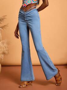 Abeille Creations Jeans bleu clair lavés, style cowgirl évasé extensible pour femmes de créateur, pour sortir, les vacances, le printemps et l'été, les festivals, adapté pour Ibiza