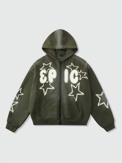 Street Life Men's Autumn Letter & Pentagon Star Print Zip-Up Drawstring Hoodie Sweatshirt, Vintage Street Style