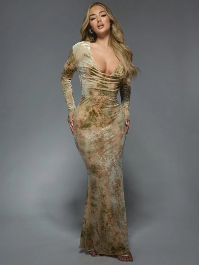 knee length dresses for ladies Pink | Luxe Devore V Neck Maxi Dress