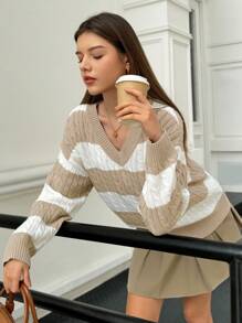 Jouncy Women Casual Color Block Cable Knit Drop Shoulder Loose Pullover Sweater For Autumn/Winter Knit Pullover Fall - Multicolor - View 3