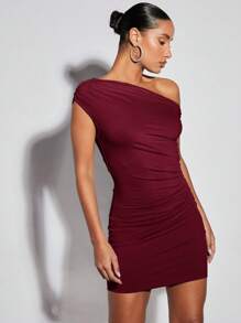 SHEIN BAE Damen elegantes, sexy, einfarbiges Minikleid mit asymmetrischem Ausschnitt und Raffungen