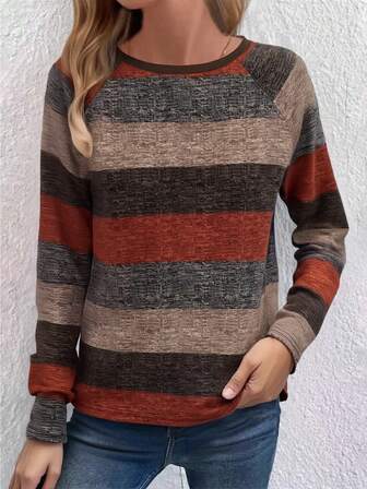 Casual Raglan Sleeve Color-Block Striped Long Sleeve Printed Crew Neck T-Shirt, Spring & Autumn