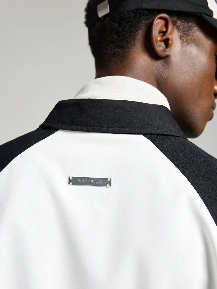 Men's Black & White Woven Street-Style Raglan Sleeve Long Sleeve Shirt