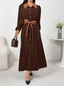 Modelyn Women's Autumn Casual Retro Color Block Lapel Button Front Long Dress Long Evening Dresses - Coffee Brown - View 2