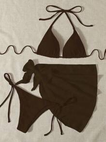 SHEIN Swim 夏季沙灘三角胸罩和游泳褲比基尼套裝，搭配沙灘裙泳衣套裝 - 咖啡棕 - 查看 3