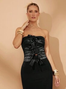Lumalex Blusa elegante de fiesta con cintura ceñida y lazo de moño, ideal para fiestas de invierno, primavera, San Valentín, celebraciones y bodas - Negro - Ver 7