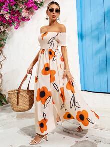 Vivid Eden Valentine's Day Holiday Out Dating, Shopping, Go To School, Work Women's Dress, Women's Off-The-Shoulder High Slit Big Bottom Print Dress, Romantic Holiday Style - Multicolor - View 2