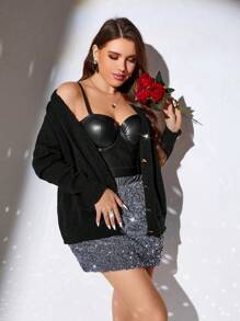SHEIN Clasi كارديجان أسود بأكمام طويلة وأزرار قلب، مقاسات كبيرة، للربيع وعيد الحب