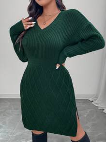 EMERY ROSE Váy len dệt kim màu xanh ô liu cổ chữ V thu đông cỡ lớn cho nữ Giáng sinh - Màu xanh lá cây đậm - Xem 6