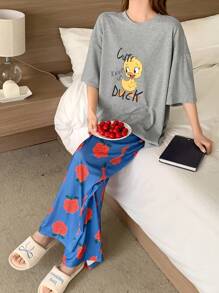 DAZY 可爱卡通鸭子印花短袖上衣和花卉图案宽松睡裤两件套家居服套装 - 灰色 - 查看 2