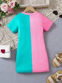 SHEIN Young Girl Halloween Colorblock Casual Cartoon Girl Print Round Neck Short Sleeve T-Shirt Dress, Sweet & Design, Suitable For Everyday Wear, Spring/Summer - Multicolor - View 2