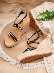 Fashionable Casual & Comfortable Riveted Wedge Platform Rope Sandals For Teenagers - Black - View 6