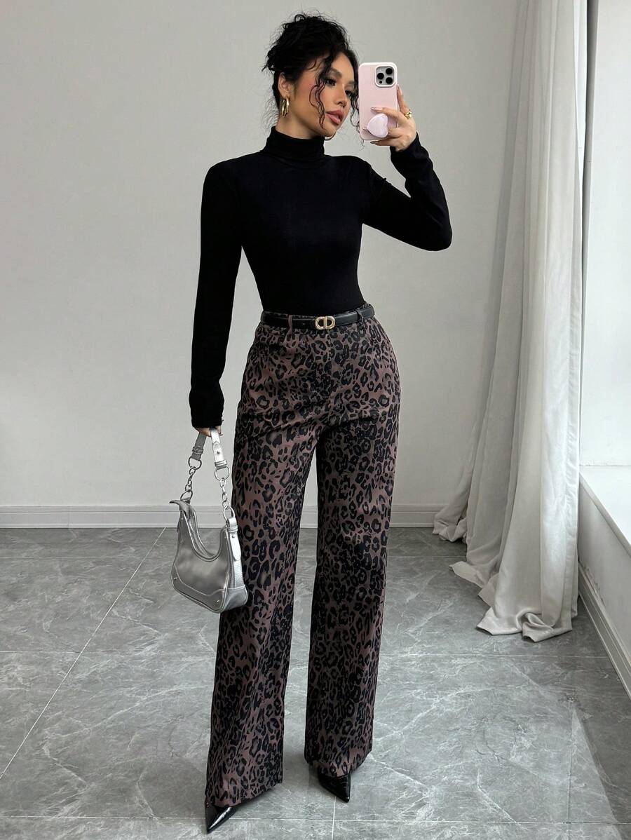 Gloray Pantalón cargo de pierna ancha, de cintura alta, suelto y de pierna recta con estampado de leopardo