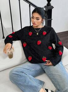 Calvaya Oversized Damen Plüsch Sweatshirt, Lässig & Pendeln, warm & bequem, schwarz mit Erdbeere Dekoration, gestrickter Stoff, Herbst/Winter Grafik T-Shirts Damen Tops - Schwarz - Übersicht 6