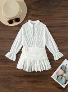 SHEIN Swim Women's Fashionable Solid Color Long Sleeve Cover Up,Summer Beach