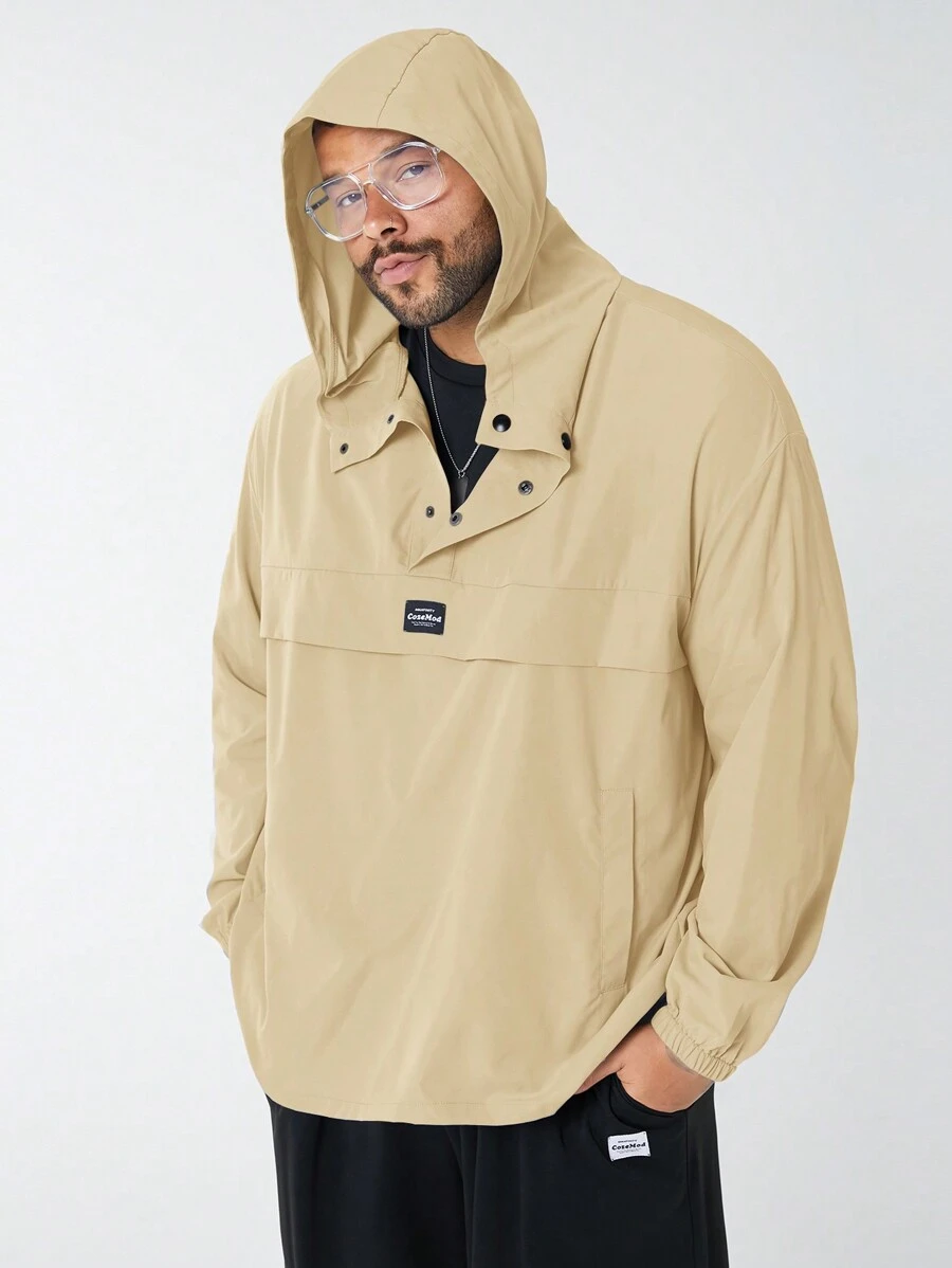 Manfinity VCAY Plus Size Men Casual Woven Hooded Half Zip Up Loose Raglan Jacket, Suitable For Spring & Autumn Everyday Wear - Khaki - View 1