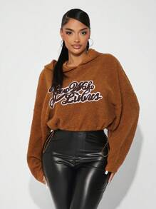 SHEIN SXY 女士宽松休闲泰迪熊字母连帽运动衫，秋冬