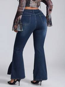 SHEIN ICON Quần jeans ống loe co giãn màu xanh đậm thời trang giặt & giặt đá có nơ trang trí cho nữ - Rửa tối - Xem 2
