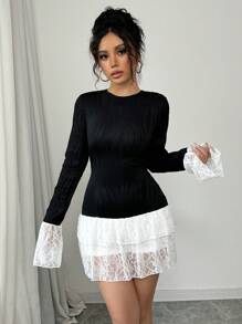Chiquease Black Round Neck Long Sleeve Contrast Lace Color Block Bodycon Mini Dress Fall Cloth For Women - Black - View 1