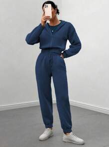 Chiquease 2pcs Women Casual Solid Color Hoodie & Sweatpants Set, Autumn/Winter - Royal Blue - View 6
