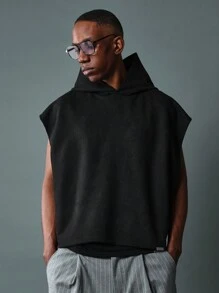 SUMWON Suede Finish Oversized Crop Hoodie Winter Streetwear Urban Fashion Heavyweight Sweatshirt Minimalist Aesthetic Athleisure Activewear Loungewear - Black - View 6