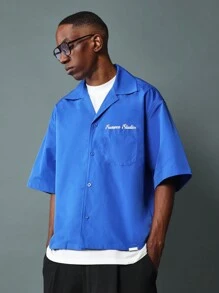 SUMWON Boxy Fit Revere Nylon Short Sleeve Shirt With Graphic Print - Blue - View 3