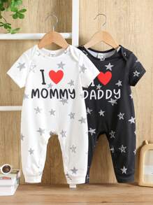 男女宝宝黑白爱心印花宽松圆领短袖连体衣两件套，适合居家、外出、情人节派对等场合。 - 黑與白 - 查看 4